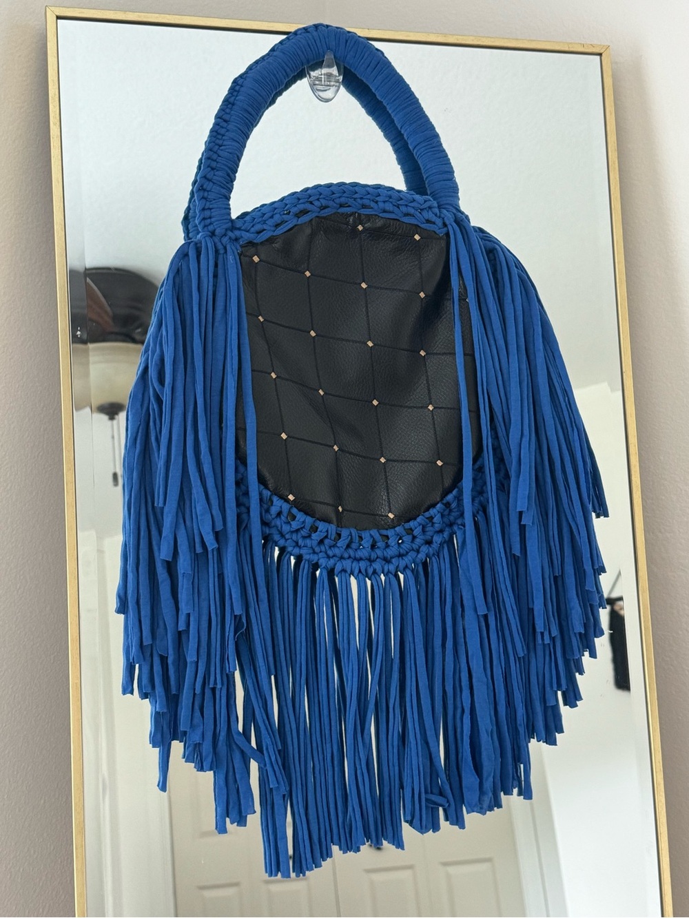 Bonita Bolso Cobalt Blue Fringe Shoulder Bag with Black Studded Panel by Yvonne